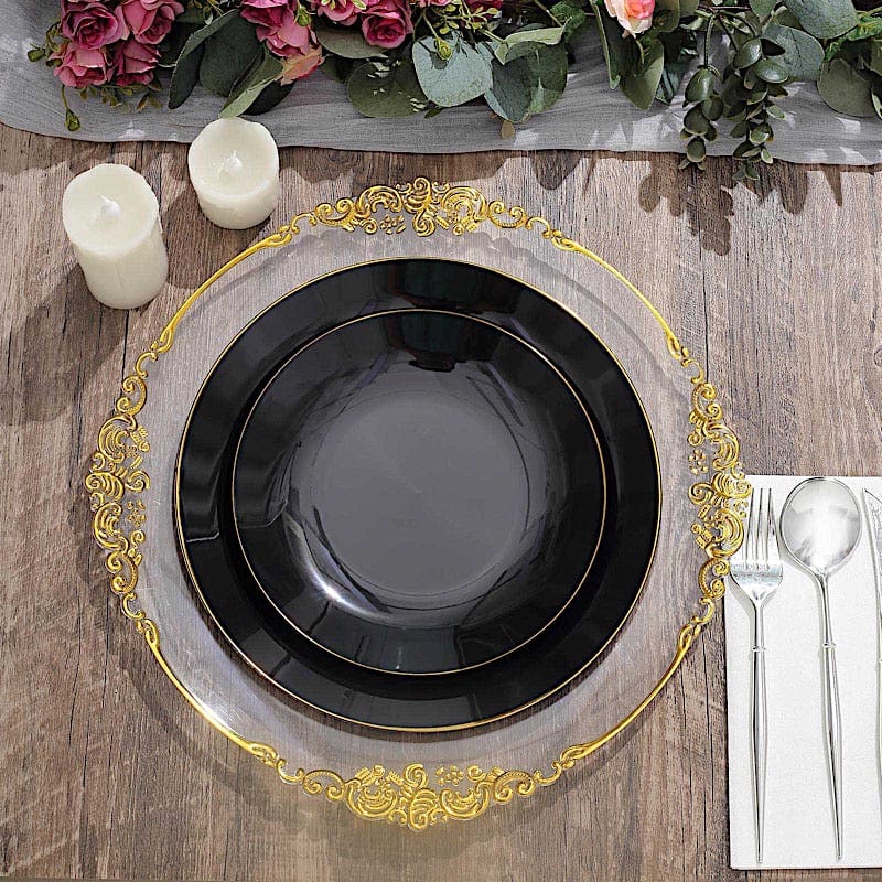10 Glossy Round Plastic Salad and Dinner Plates with Gold Rim - Disposable Tableware
