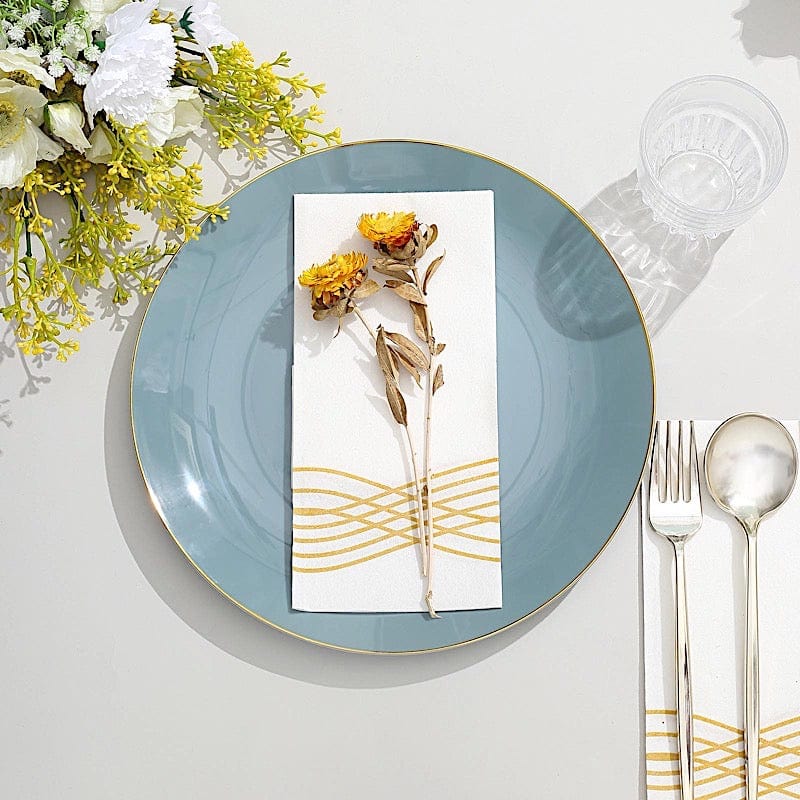 10 Glossy Round Plastic Salad and Dinner Plates with Gold Rim - Disposable Tableware