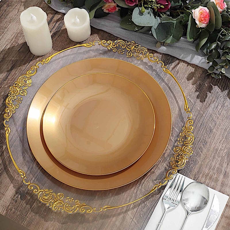 10 Glossy Round Plastic Salad and Dinner Plates with Gold Rim - Disposable Tableware