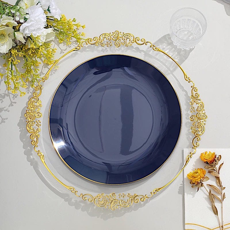 10 Glossy Round Plastic Salad and Dinner Plates with Gold Rim - Disposable Tableware