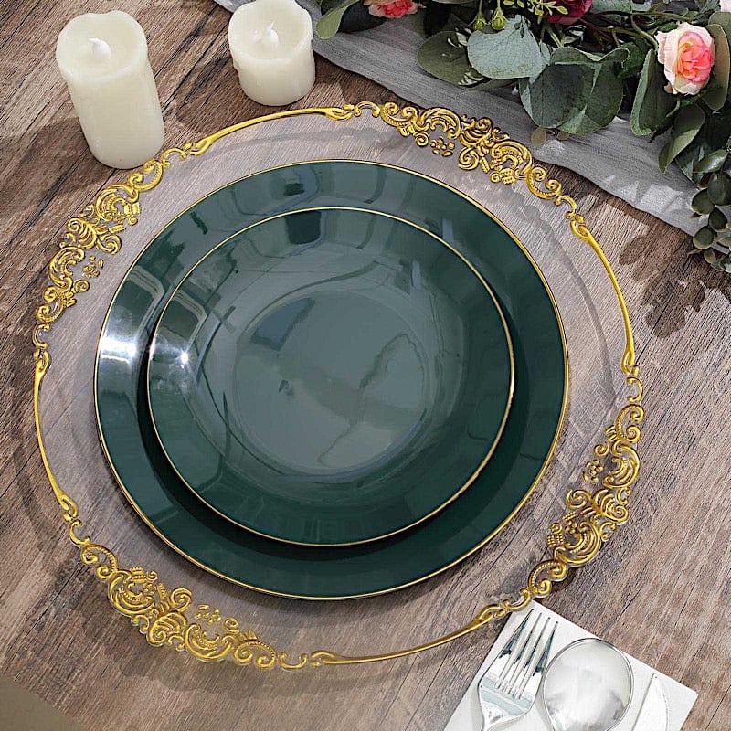 10 Glossy Round Plastic Salad and Dinner Plates with Gold Rim - Disposable Tableware