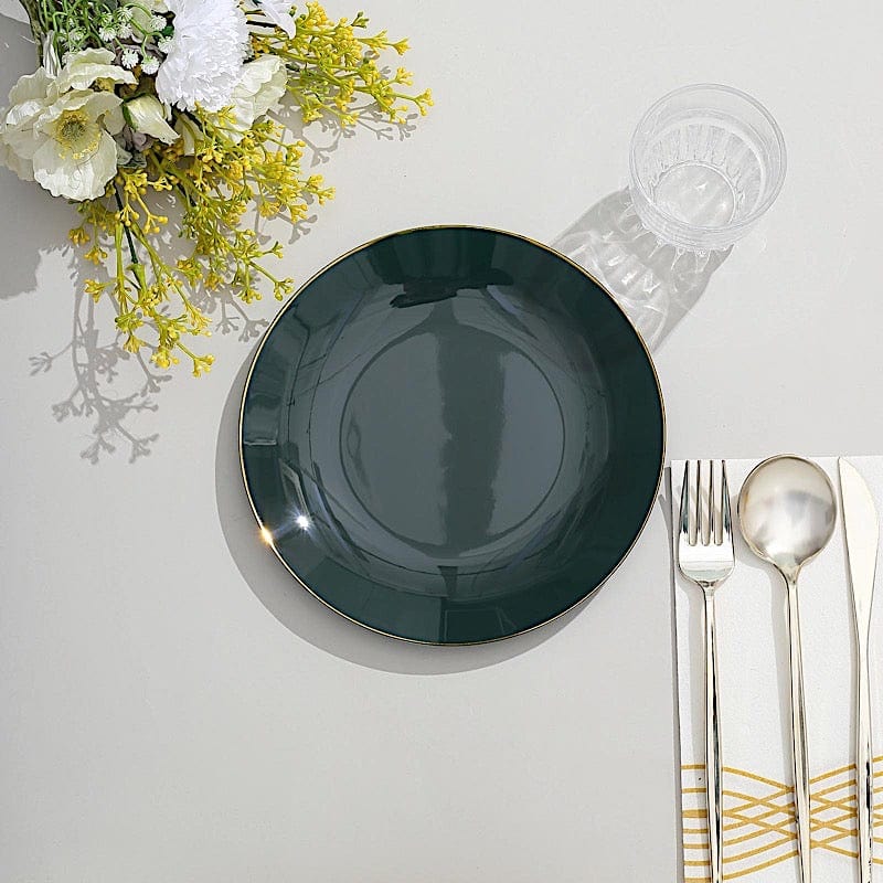 10 Glossy Round Plastic Salad and Dinner Plates with Gold Rim - Disposable Tableware