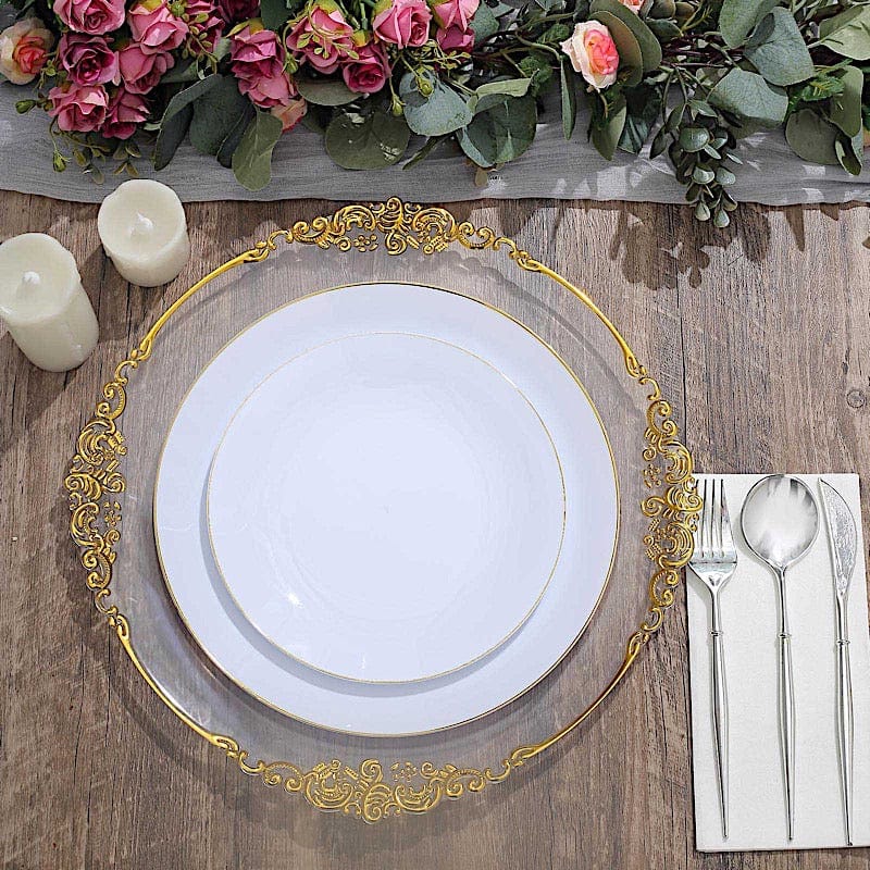 10 Glossy Round Plastic Salad and Dinner Plates with Gold Rim - Disposable Tableware