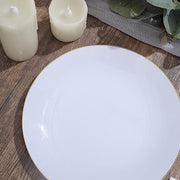 10 Glossy Round Plastic Salad and Dinner Plates with Gold Rim - Disposable Tableware