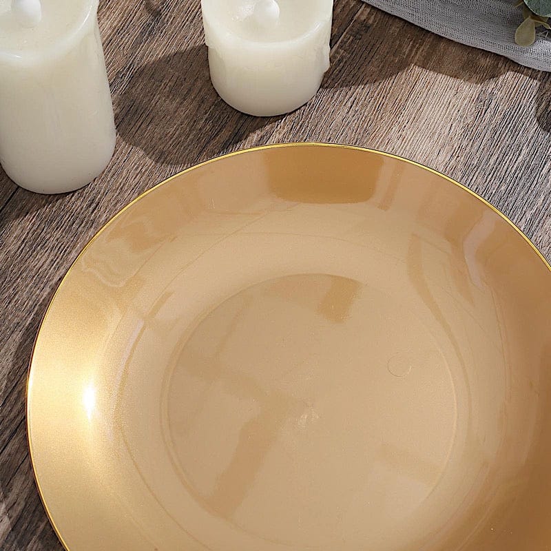 10 Glossy Round Plastic Salad and Dinner Plates with Gold Rim - Disposable Tableware