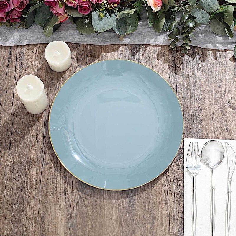 10 Glossy Round Plastic Salad and Dinner Plates with Gold Rim - Disposable Tableware