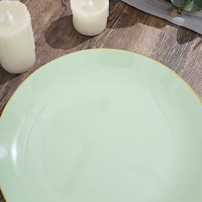 10 Glossy Round Plastic Salad and Dinner Plates with Gold Rim - Disposable Tableware