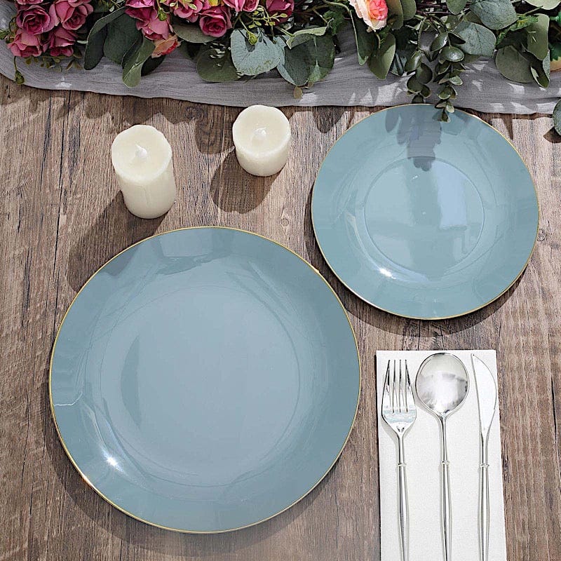 10 Glossy Round Plastic Salad and Dinner Plates with Gold Rim - Disposable Tableware