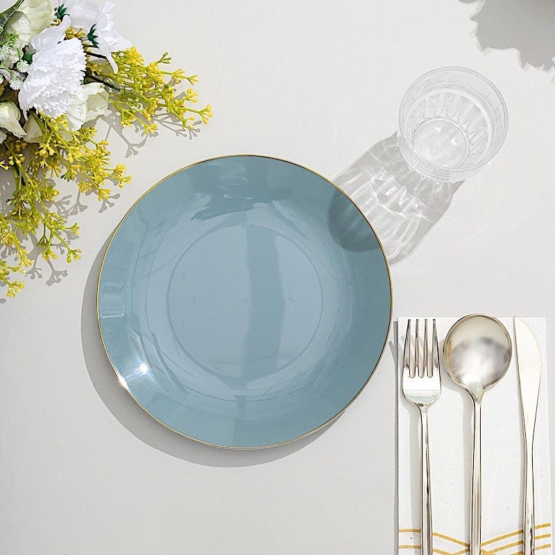 10 Glossy Round Plastic Salad and Dinner Plates with Gold Rim - Disposable Tableware
