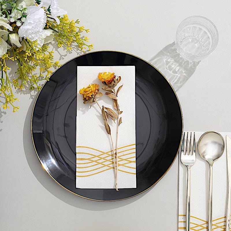 10 Glossy Round Plastic Salad and Dinner Plates with Gold Rim - Disposable Tableware