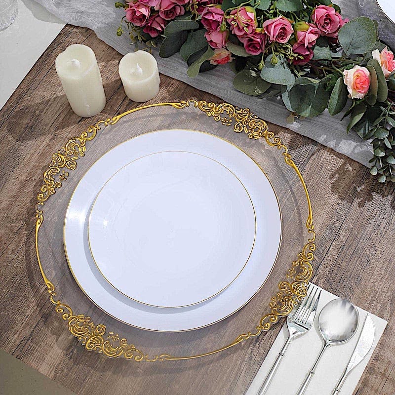 10 Glossy Round Plastic Salad and Dinner Plates with Gold Rim - Disposable Tableware