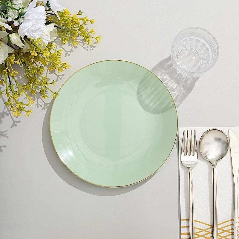 10 Glossy Round Plastic Salad and Dinner Plates with Gold Rim - Disposable Tableware