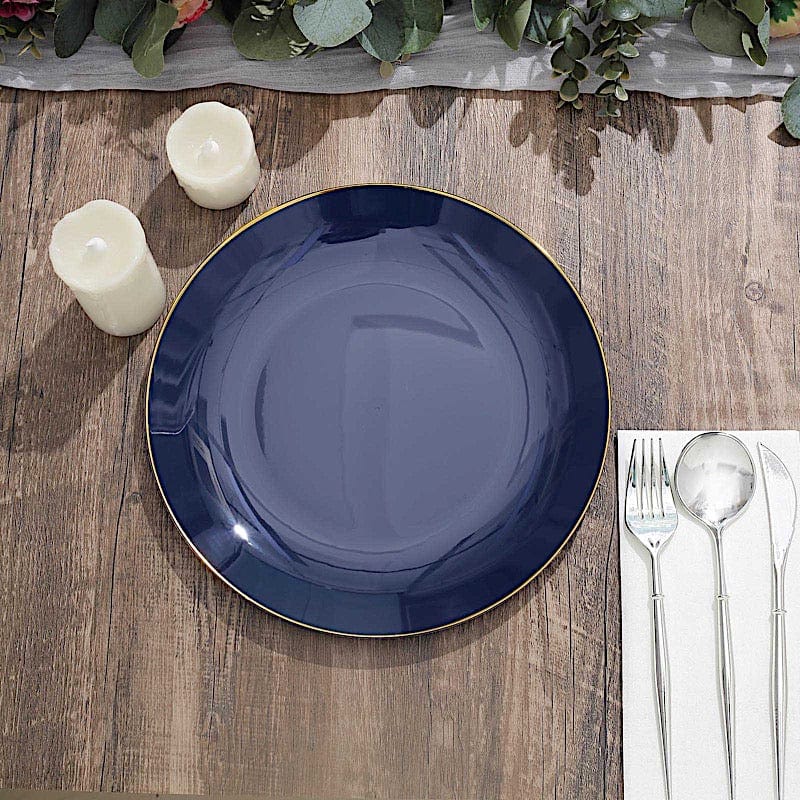 10 Glossy Round Plastic Salad and Dinner Plates with Gold Rim - Disposable Tableware