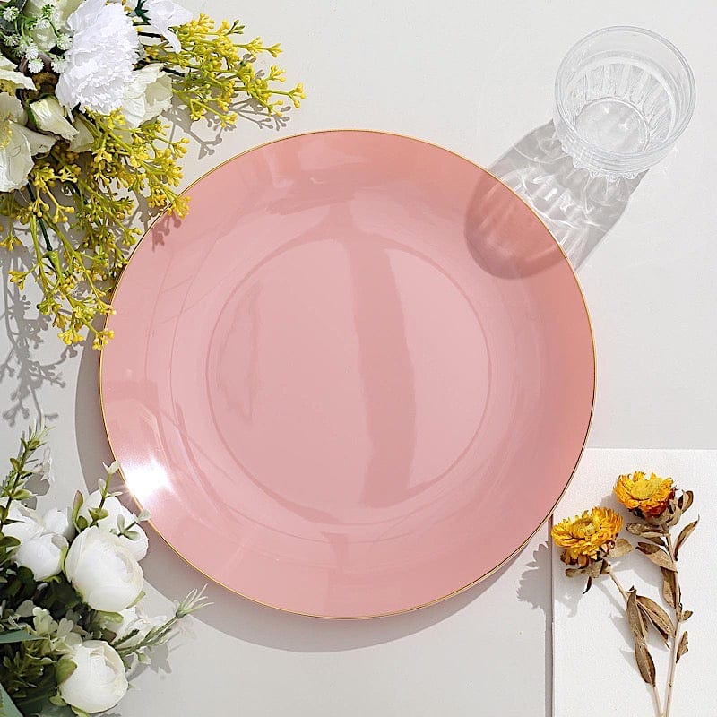 10 Glossy Round Plastic Salad and Dinner Plates with Gold Rim - Disposable Tableware