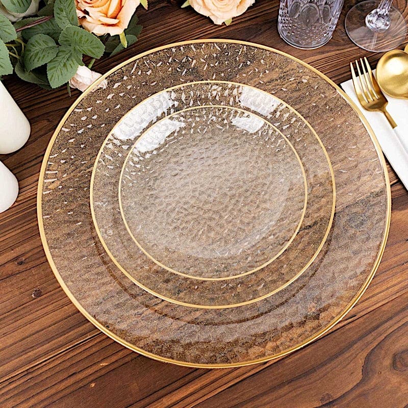 10 Glossy Round Plastic Salad and Dinner Plates with Gold Rim - Disposable Tableware