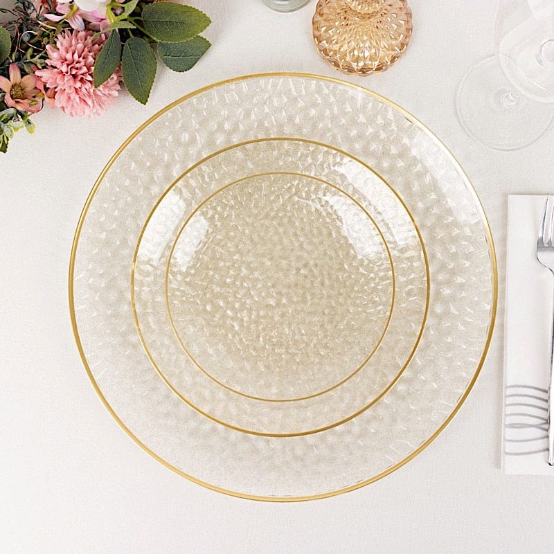 10 Glossy Round Plastic Salad and Dinner Plates with Gold Rim - Disposable Tableware