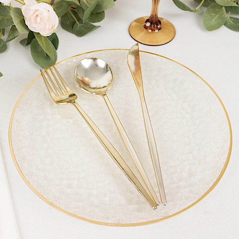 10 Glossy Round Plastic Salad and Dinner Plates with Gold Rim - Disposable Tableware