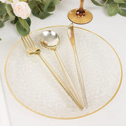 10 Glossy Round Plastic Salad and Dinner Plates with Gold Rim - Disposable Tableware