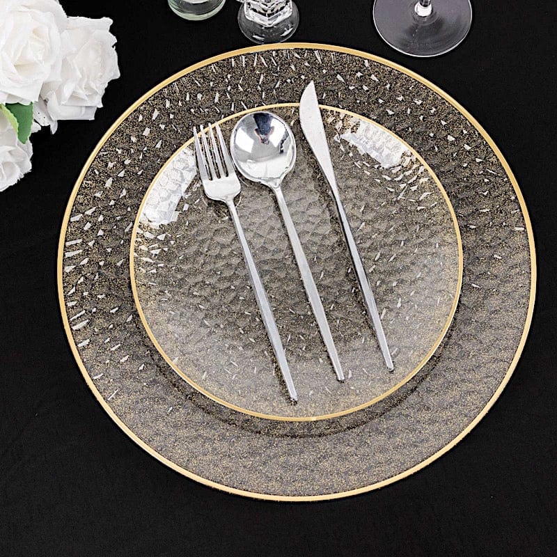 10 Glossy Round Plastic Salad and Dinner Plates with Gold Rim - Disposable Tableware