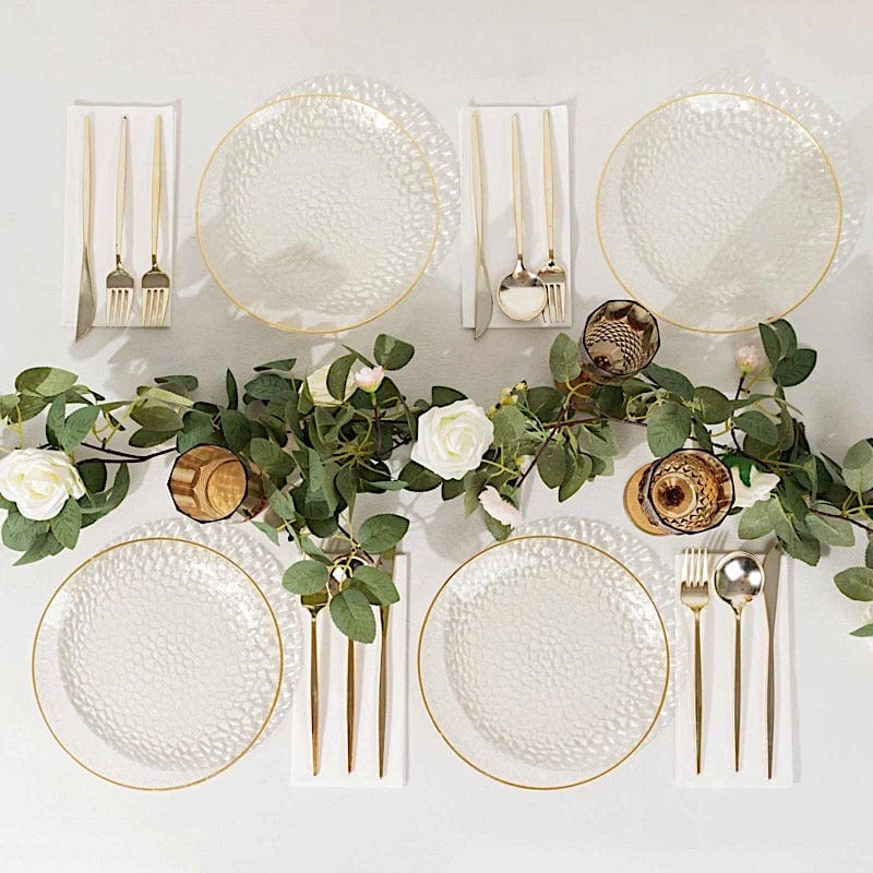 10 Glossy Round Plastic Salad and Dinner Plates with Gold Rim - Disposable Tableware