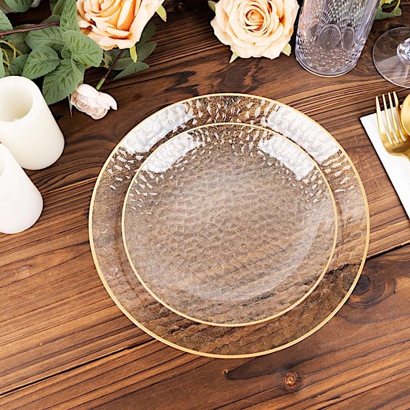10 Glossy Round Plastic Salad and Dinner Plates with Gold Rim - Disposable Tableware