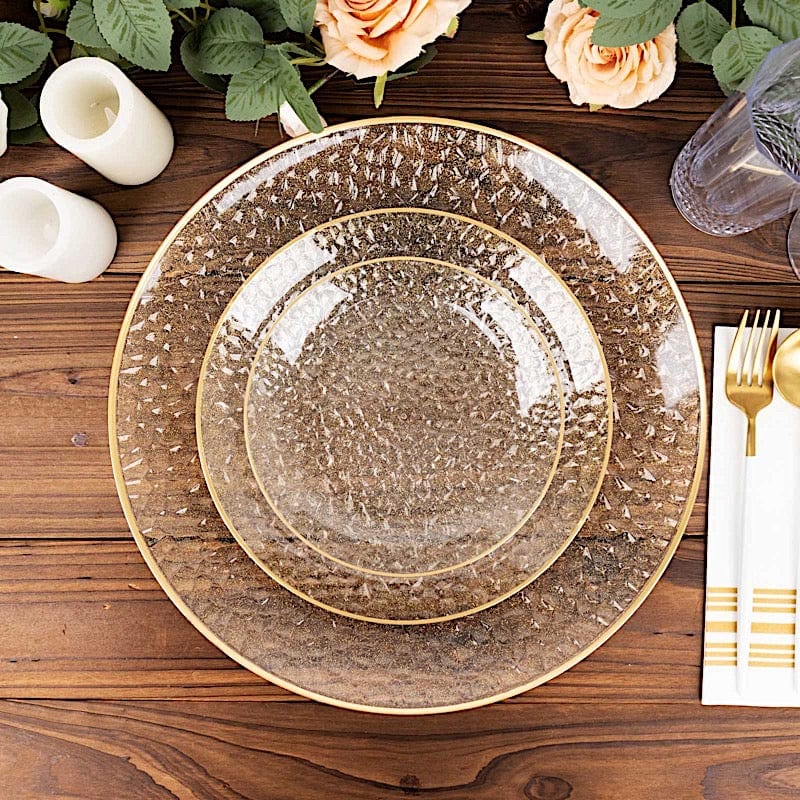 10 Glossy Round Plastic Salad and Dinner Plates with Gold Rim - Disposable Tableware