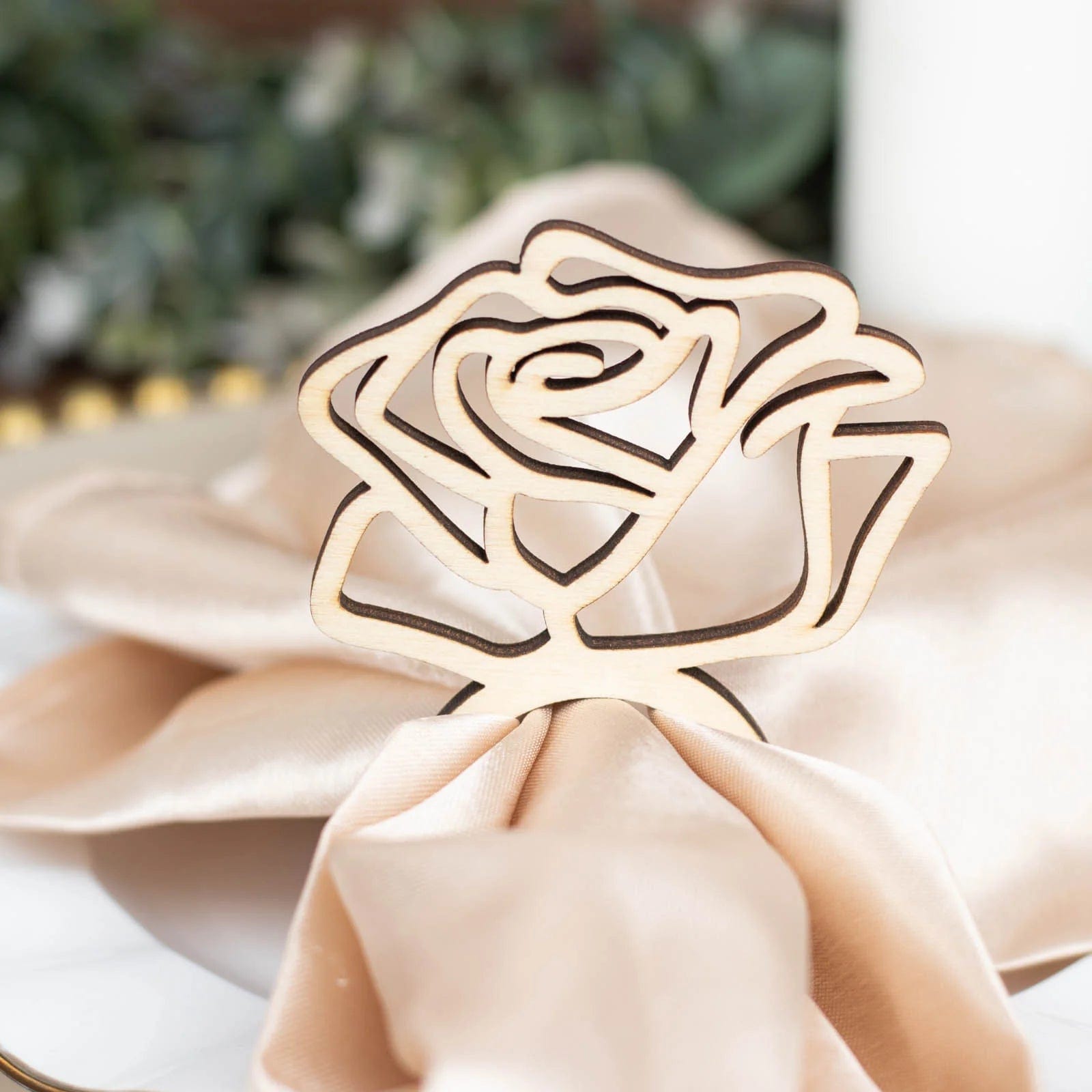 10 Laser Cut Rose Design Wood Napkin Rings - Natural NAP_RING37_NAT