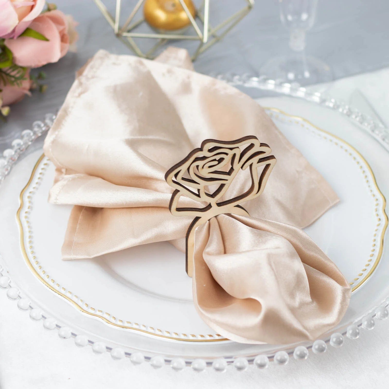 10 Laser Cut Rose Design Wood Napkin Rings - Natural NAP_RING37_NAT