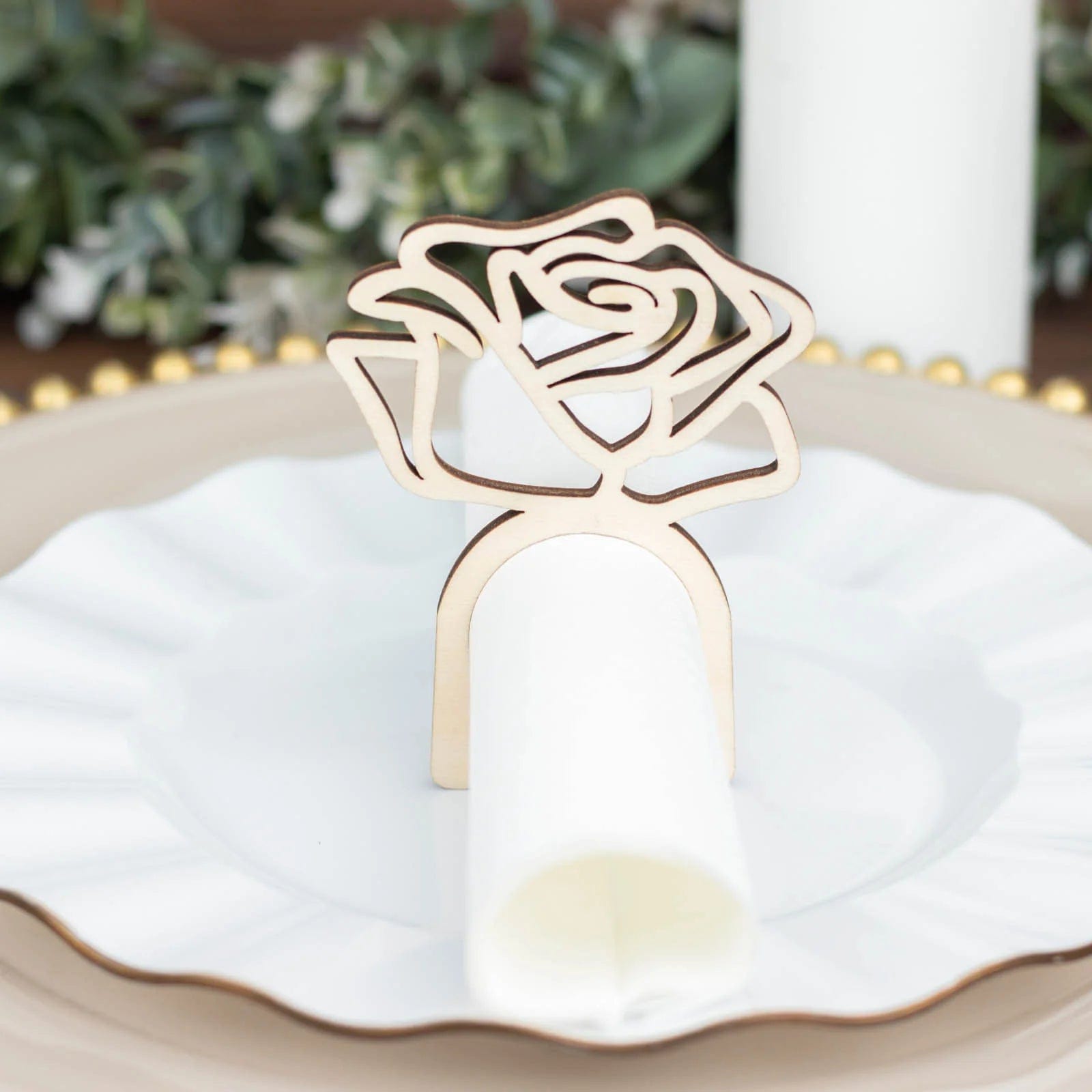 10 Laser Cut Rose Design Wood Napkin Rings - Natural NAP_RING37_NAT