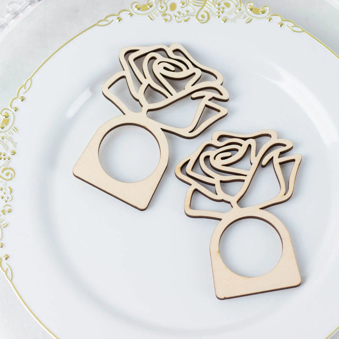 10 Laser Cut Rose Design Wood Napkin Rings - Natural NAP_RING37_NAT