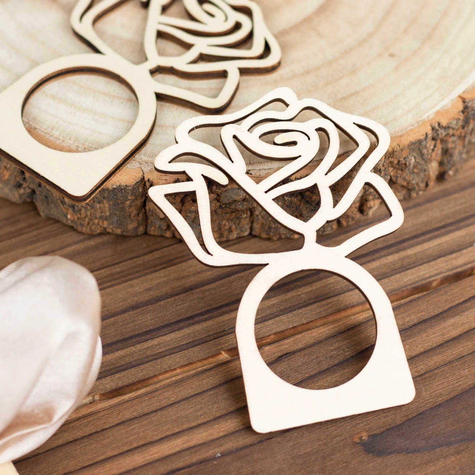 10 Laser Cut Rose Design Wood Napkin Rings - Natural NAP_RING37_NAT