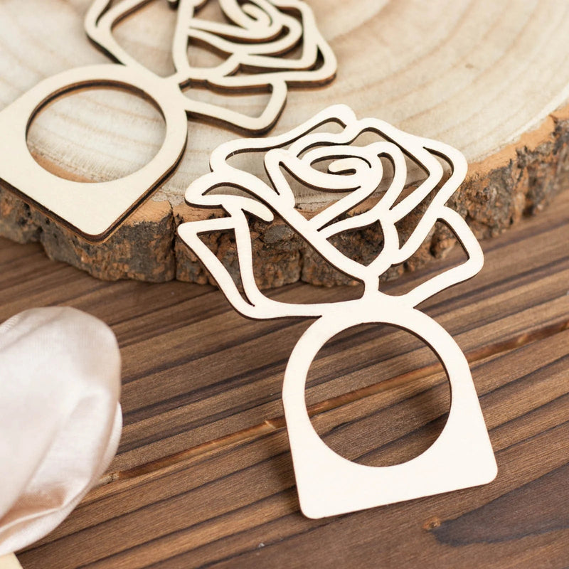 10 Laser Cut Rose Design Wood Napkin Rings - Natural NAP_RING37_NAT