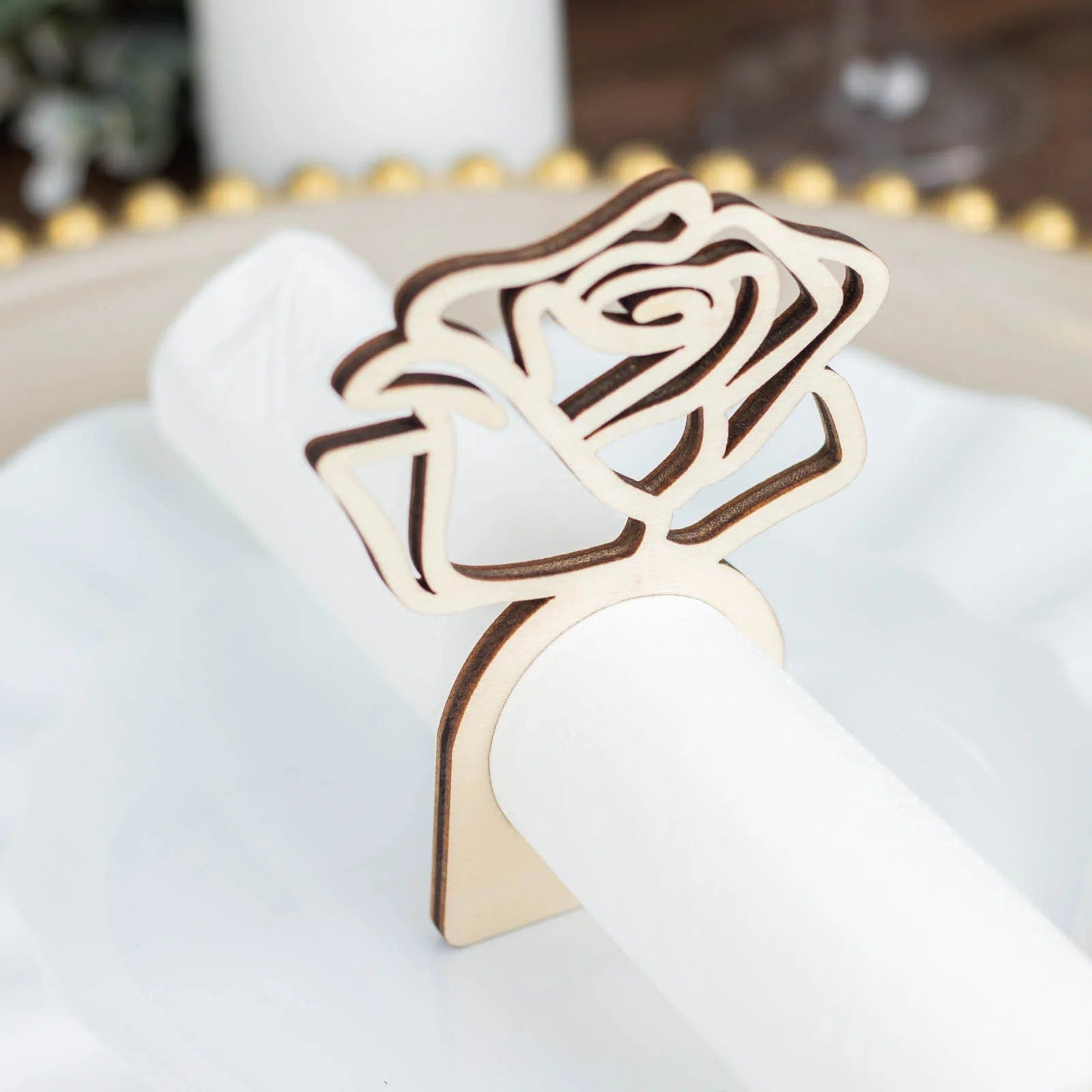 10 Laser Cut Rose Design Wood Napkin Rings - Natural NAP_RING37_NAT