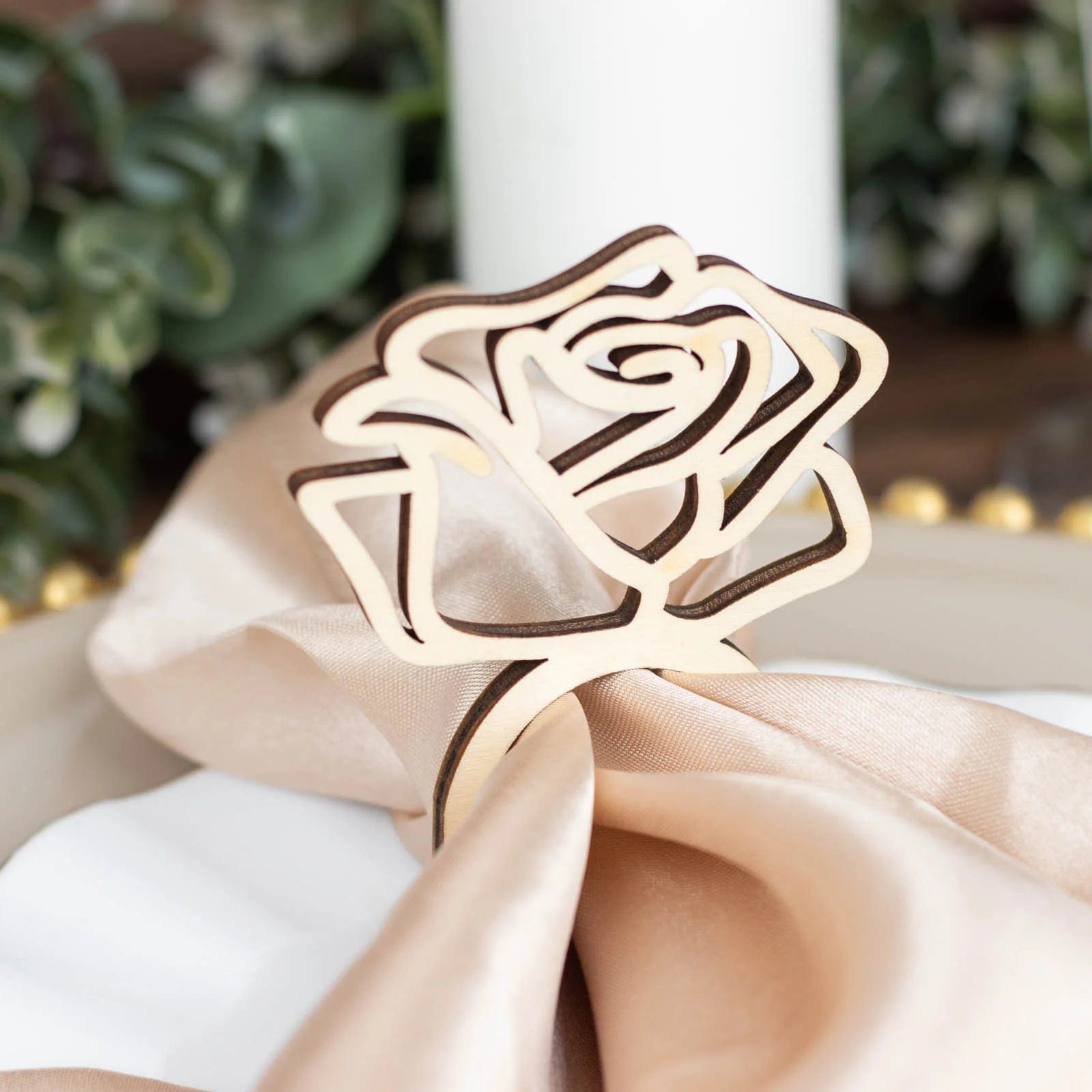 10 Laser Cut Rose Design Wood Napkin Rings - Natural NAP_RING37_NAT