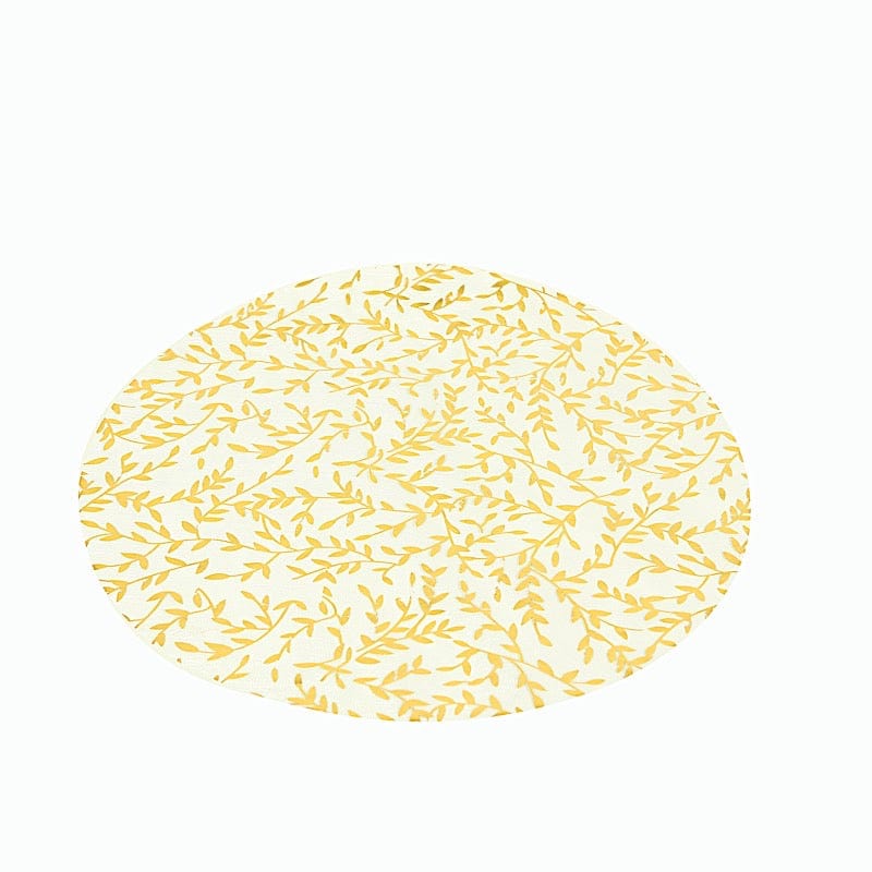 10 Mesh Organza Round Placemats with Gold Foil Leaf Vines - White PLMAT_MET14_GOLD