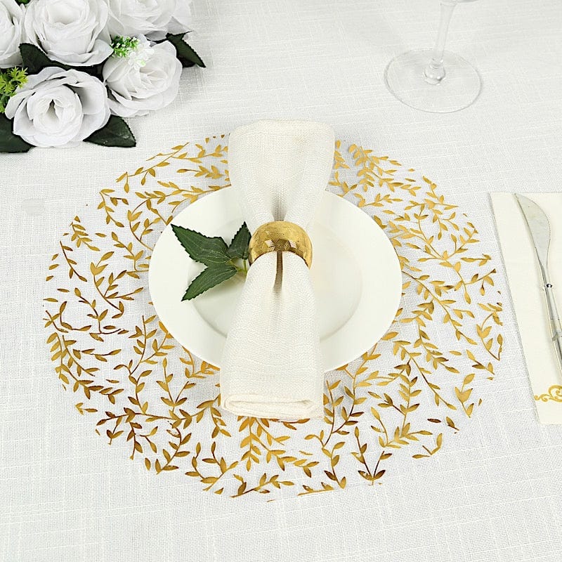 10 Mesh Organza Round Placemats with Gold Foil Leaf Vines - White PLMAT_MET14_GOLD