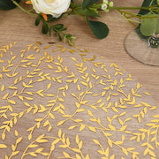 10 Mesh Organza Round Placemats with Gold Foil Leaf Vines - White PLMAT_MET14_GOLD