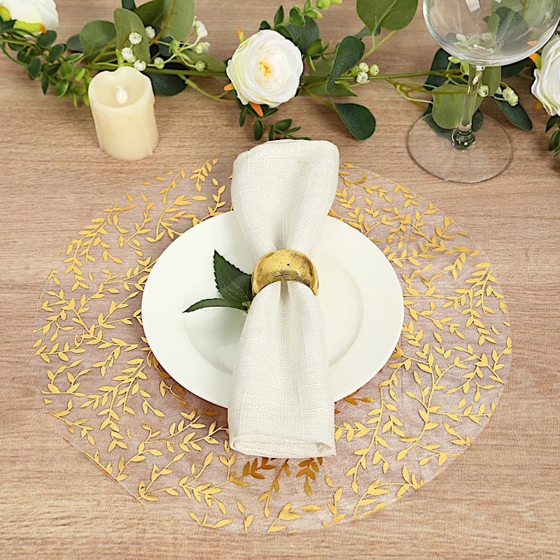 10 Mesh Organza Round Placemats with Gold Foil Leaf Vines - White PLMAT_MET14_GOLD
