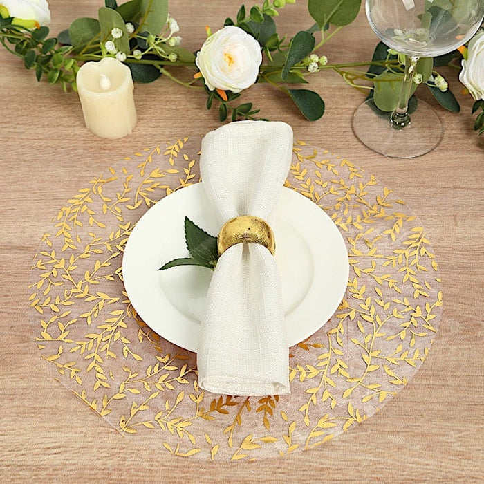 10 Mesh Organza Round Placemats with Gold Foil Leaf Vines - White PLMAT_MET14_GOLD
