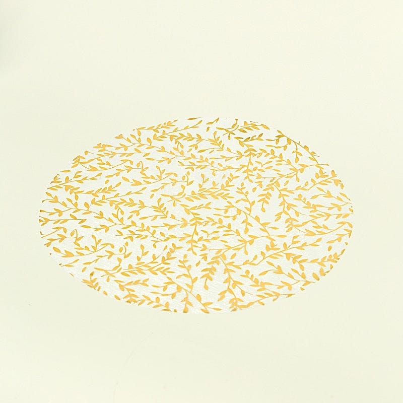 10 Mesh Organza Round Placemats with Gold Foil Leaf Vines - White PLMAT_MET14_GOLD