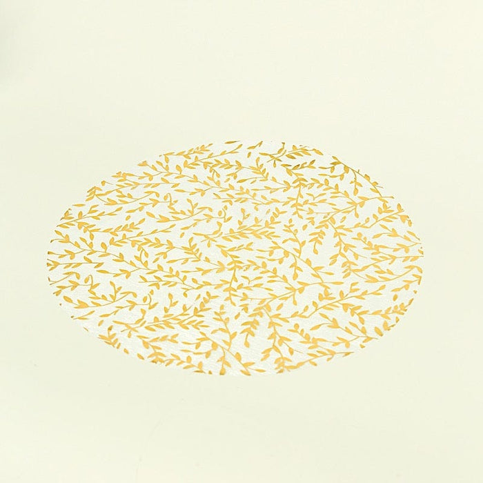 10 Mesh Organza Round Placemats with Gold Foil Leaf Vines - White PLMAT_MET14_GOLD