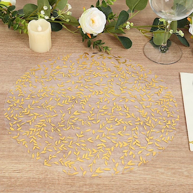 10 Mesh Organza Round Placemats with Gold Foil Leaf Vines - White PLMAT_MET14_GOLD