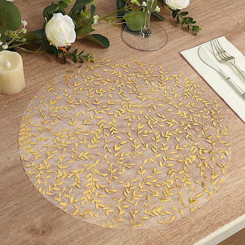 10 Mesh Organza Round Placemats with Gold Foil Leaf Vines - White PLMAT_MET14_GOLD