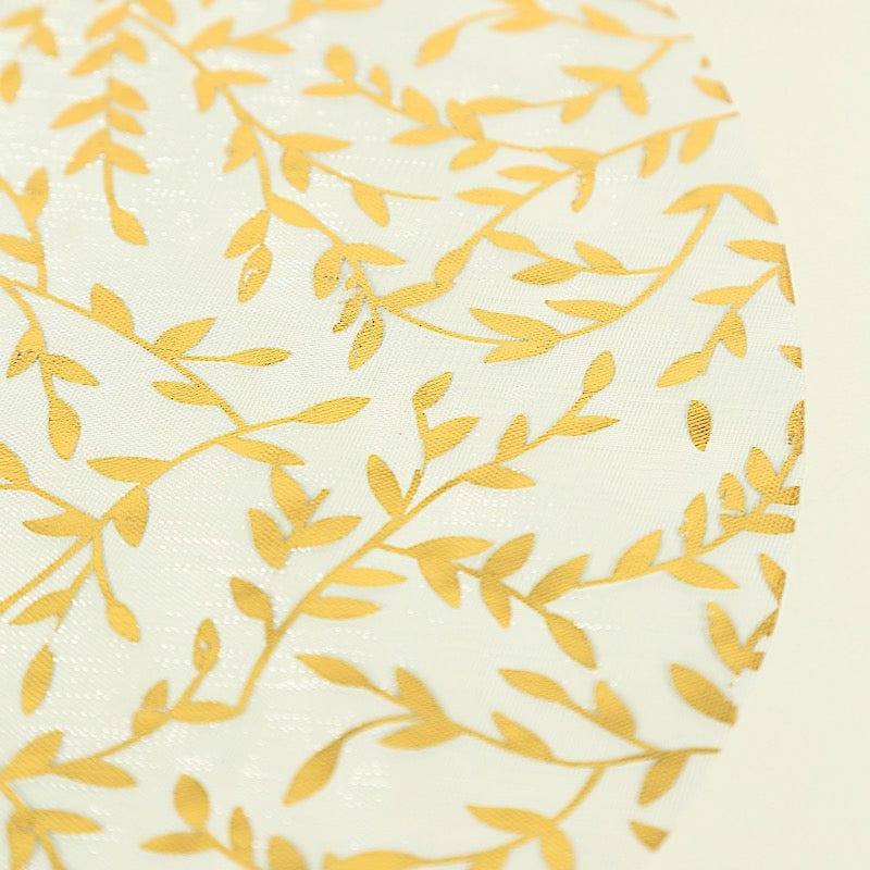 10 Mesh Organza Round Placemats with Gold Foil Leaf Vines - White PLMAT_MET14_GOLD