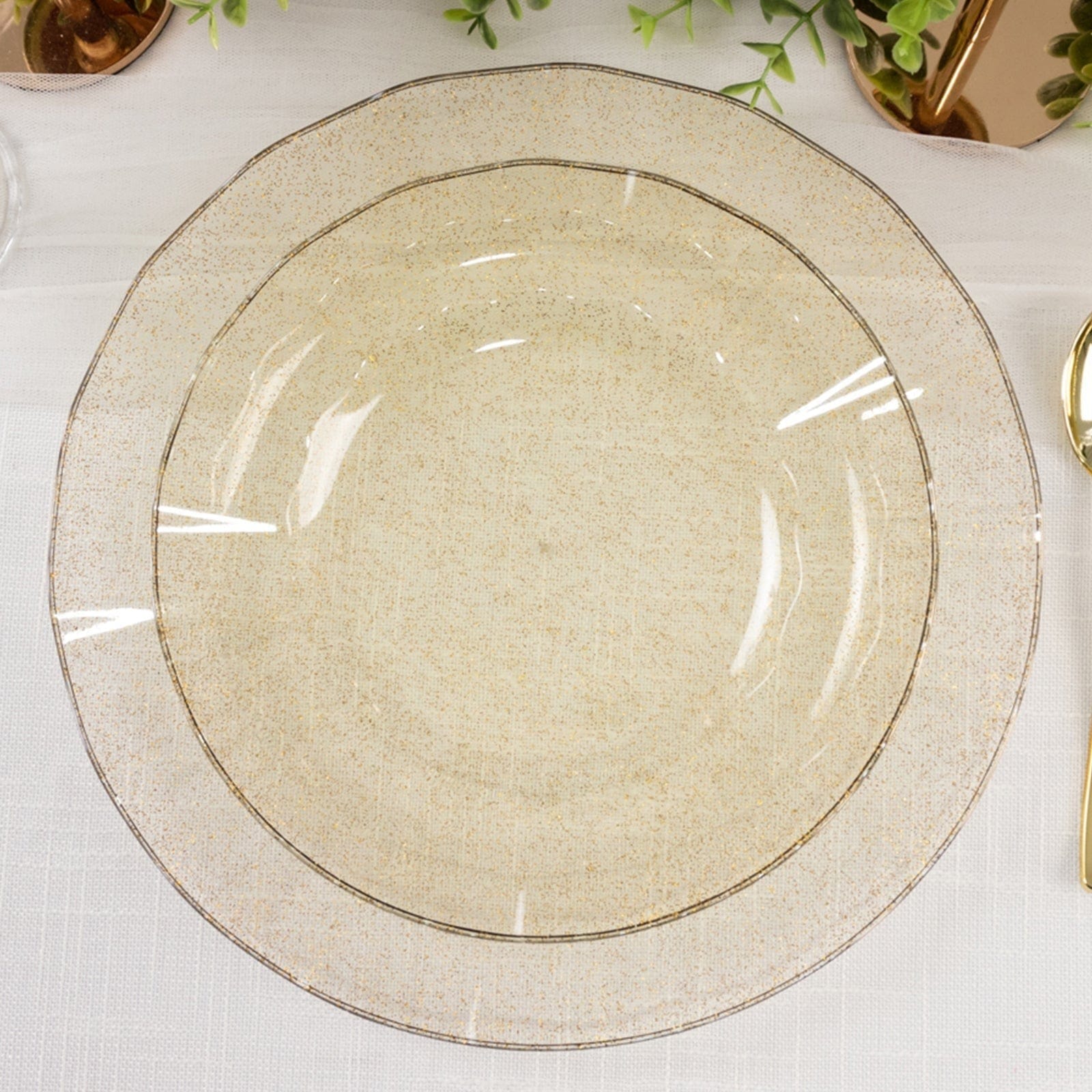 10 Round Plastic Salad Dinner Plates with Gold Wavy Rim - Disposable Tableware