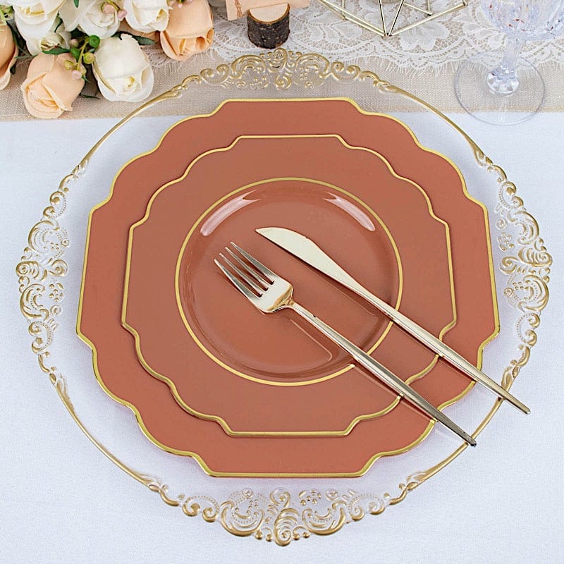 10 pcs 8" Baroque Plastic Dessert Plates with Gold Rim - Disposable Tableware