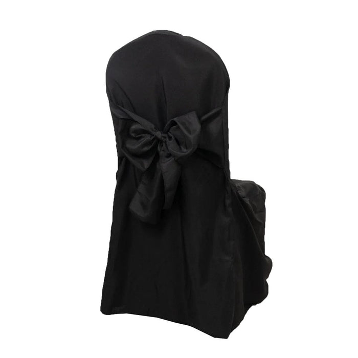 10 Polyester Banquet Chair Covers with Attached Sashes CHAIR_BANQ_SASH_BLK_PK10