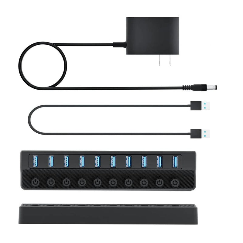 10-Port USB 3.0 Powered Charging Hub with Independent Switches - Black and Blue LED_MET_CHRG01_BLK