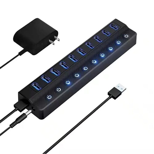 10-Port USB 3.0 Powered Charging Hub with Independent Switches - Black and Blue LED_MET_CHRG01_BLK
