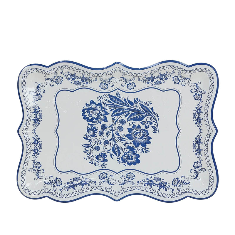 10 Rectangle 14" Paper Serving Trays Damask Floral Pattern - White and Royal Blue DSP_PPTR_REC005_14_BLUE